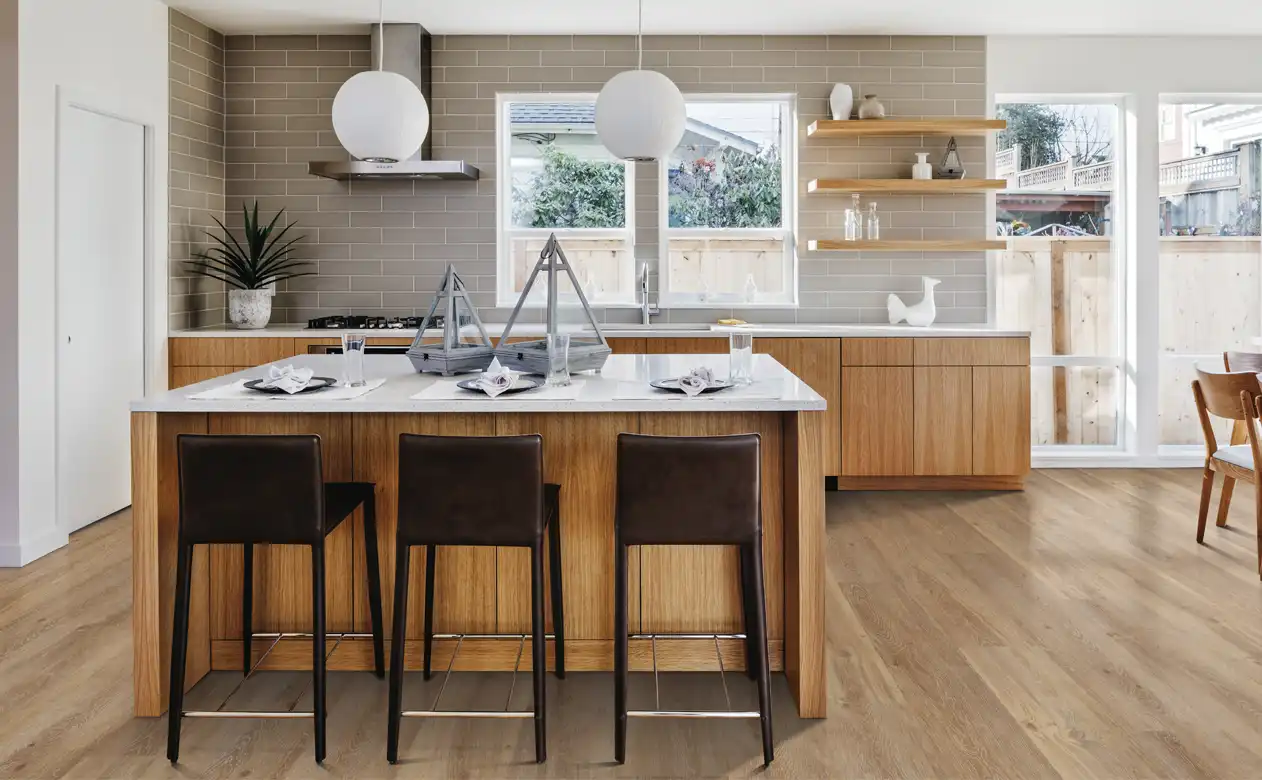 Modern kitchen with butcher block seating 